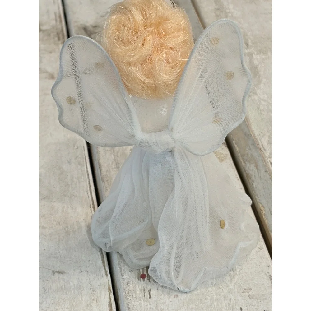 Vintage Christmas Angel Tree Topper White Tulle Gold Sequin Strawberry Blonde